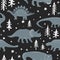 Winter seamless vector pattern with cute young dinosaurs and hand drawn doodle trees and snowflakes. Xmas kids