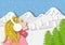 Winter season background with lady feeling relax in snow moutain background and paper art design vector and illustration