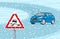 Winter season car driving. Suv car turning on a slippery road. Slippery road warning road sign.