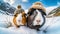 winter season concept. two guinea pigs wearing wool hats in snow landscape ,ai generated