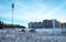 Winter season. Construction of a buildings. Forest in snow