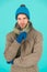 Winter season sale. Hipster knitted winter hat scarf and gloves. Casually handsome. Man handsome unshaven guy wear