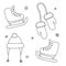 Winter season themed doodle set. Mittens, skates, hat, snowflakes. Elements for greeting cards, posters, stickers and seasonal