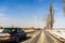 Winter season, view of cars and snowy street through windshield while driving in Bucharest, Romania, 2021