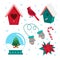 Winter set of birdhouses, Northern cardinal, snow globe, mittens, poinsettia, candy cane
