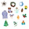 Winter set of decoration items, snowman and Christmas tree, star, glass ball and elegant wreath, gifts, sweater and mittens,