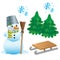 Winter set for kids. Snowman. Firs. Wood sledge. Retro-style. Decorative elements for postcard