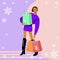 Winter shopping. Winter discount. Fashion illustration. Cute woman wish sopping in winter sale. Girl with paper bag.