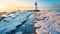 Winter on shore of the Baltic Sea. Lighthouse in ice. Generative Ai