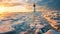 Winter on shore of the Baltic Sea. Lighthouse in ice. Generative Ai