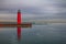 Winter Shoreline in Kenosha with red Pierhead Lighthouse