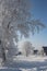 Winter in Siberia snowy white trees in snowdrifts beautiful houses in the village of rime