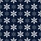 Winter Simple Symmetric Seamless Pattern of White Snowflakes on Dark Blue Backdrop