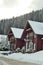 Winter ski chalet, snowy landscape, winter background with copy space