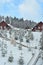 Winter ski chalet, snowy landscape, winter background with copy space