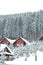 Winter ski chalet, snowy landscape, winter background with copy space