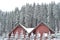 Winter ski chalet, snowy landscape, winter background with copy space