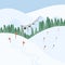 Winter ski resort landscape vector flat concept. Alps, fir trees, ski lift, mountains wide panoramic background