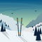 Winter Skiing holiday in mountains. Snowy mountain landscape with skis and ski poles standing in snow in the foreground. Vector il