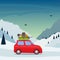 Winter Skiing holiday trip to mountains. Cute small car with ski and snowboard, backpack and suitcase on the roof. Vector illustra