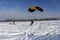 Winter skydiving. A yellowsuit skydiver is landing on the snow.