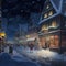 Winter small town night landscape with falling snow. Generative AI. Not based on any actual scene
