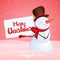 Winter smiling snowman with banner in hands on snowdrift background. Merry Christmas and Happy New Year.