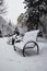 Winter, snow on the bench building