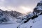 Winter and Snow at Black Pond or Czarny Staw at Rysy Peak in Poland. Panoramic winter landscape with frozen lake