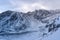 Winter and Snow at Black Pond or Czarny Staw at Rysy Peak in Poland. Panoramic winter landscape with frozen lake