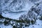 Winter and Snow at Black Pond or Czarny Staw at Rysy Peak in Poland. Panoramic winter landscape with frozen lake