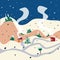Winter snow hills house street nature landscape vector illustration. Flat  simple  cartoon.