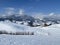 Winter snow idyll in the Thur river valley or Thurtal between the Alpstein and Churfirsten mountain massifs, Nesslau