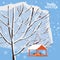 Winter snow landscape, bird feeder with feed, birds, tree covered with snow, vector, illustration, isolated, banner