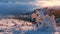 Winter snow landscape. hills with many pine trees covered by snow.