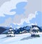 Winter snow landscape and house, falling snow, snowflakes. Christmas winter scenery, village house in a snowy valley and