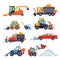 Winter Snow Removal Machines Collection, Cleaning Road Truck, Excavator, Snowblower, Snow Plow Vehicles Vector