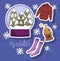 Winter snowball socks sweater and wood stove icons set