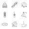 Winter snowboarding icons set, outline style
