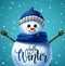 Winter snowman character vector concept design. Hello winter greeting in snow ball space for text