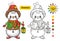 Winter snowman coloring page for preschool children. Cute ice snow man from snowballs with lantern kid colouring book game. Vector