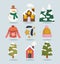 winter snowman house snow mountain tree sweater icons set cartoon