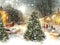 winter snowy city ,Christmas tree on on marketplace medieval town  blue sky and snow flakes holiday  card panorama