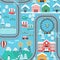 Winter snowy city train track seamless pattern