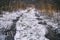 Winter snowy dirt road with big puddles of water