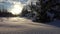 Winter Snowy Landscape. Fluffy Snow on the Branches of Pine. Low Angle