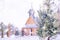 Winter snowy landscape with a mountain church