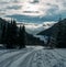 Winter snowy landscape view of a countryroad leading through spruce mountain forest in Slovakian Low Tatry mountains