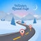 Winter snowy landscape with winding road pathway. New Year background