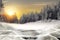 Winter and snowy mountains with wooden board backround. Tall spruce covered with snow and sunny sky background.